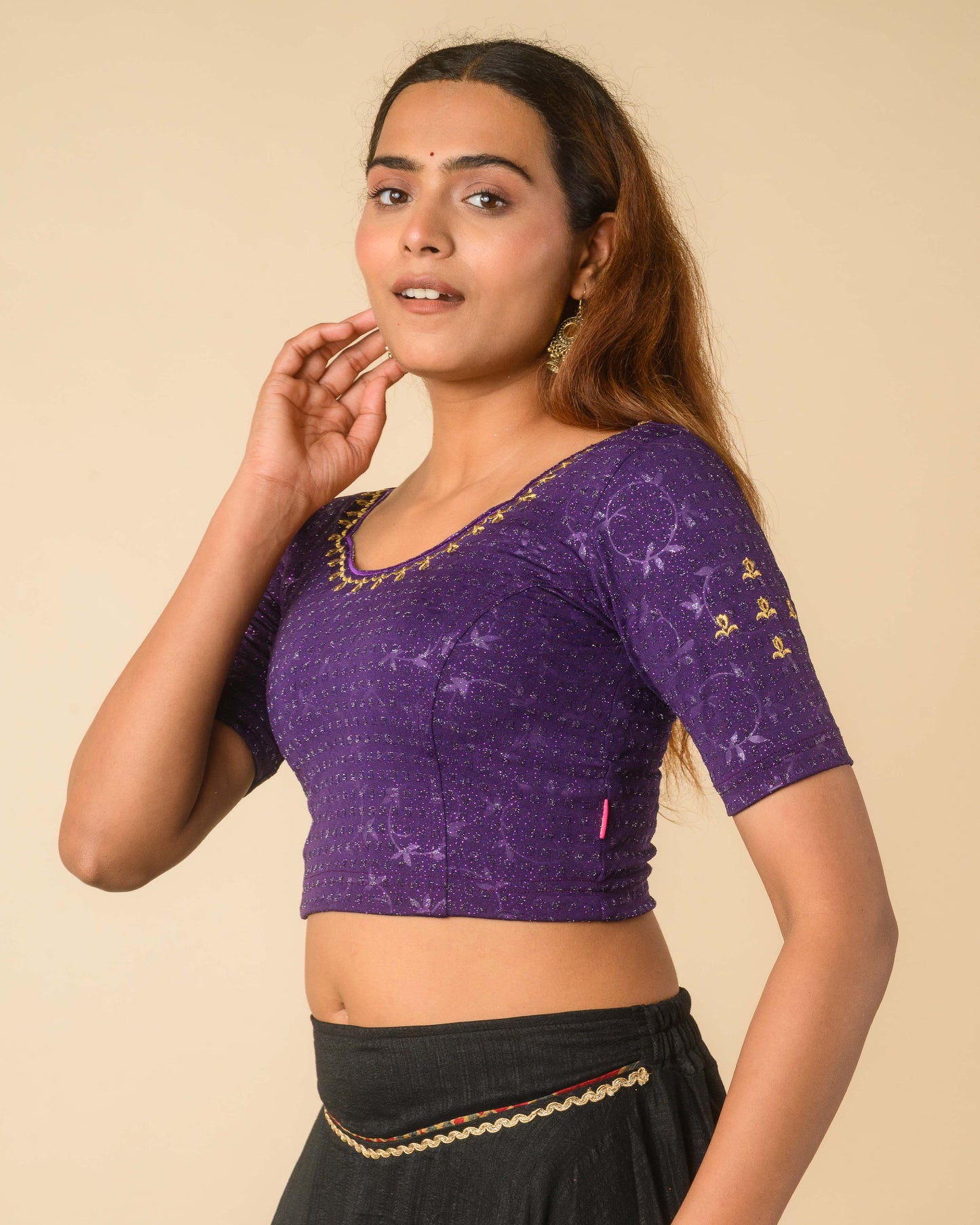 Chamkila Purple Zari Embroidered Readymade Stretchable Saree Blouse Advi