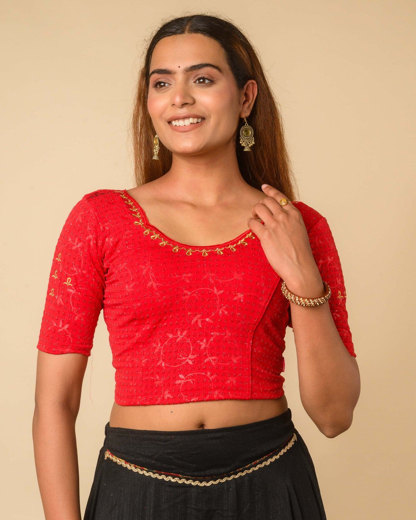 Chamkila Red Zari Embroidered Readymade Stretchable Saree Blouse Advi