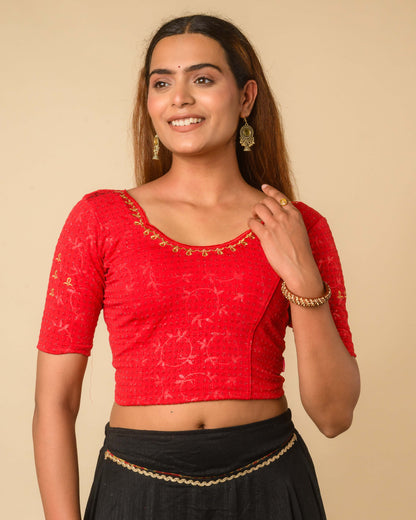 Chamkila Red Zari Embroidered Readymade Stretchable Saree Blouse Advi