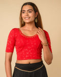 Chamkila Red Zari Embroidered Readymade Stretchable Saree Blouse Advi