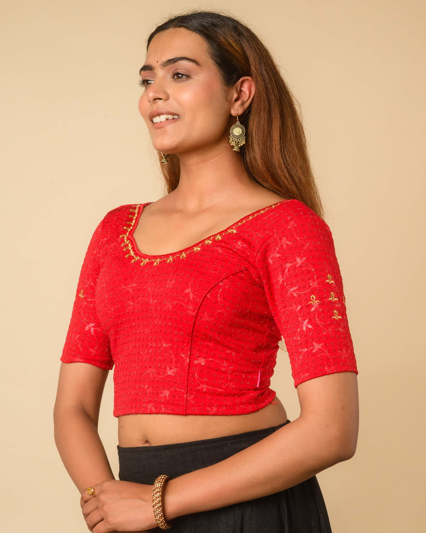 Chamkila Red Zari Embroidered Readymade Stretchable Saree Blouse Advi