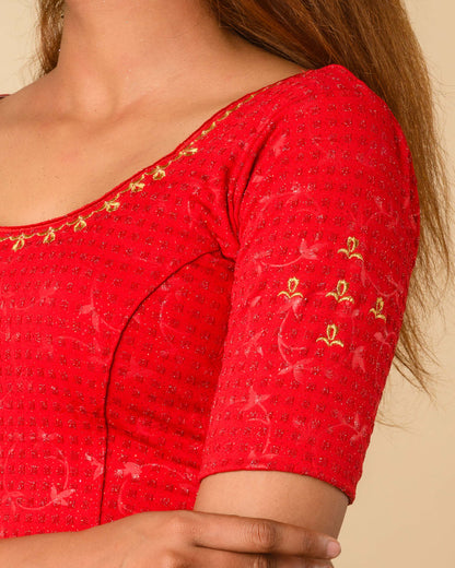 Chamkila Red Zari Embroidered Readymade Stretchable Saree Blouse Advi