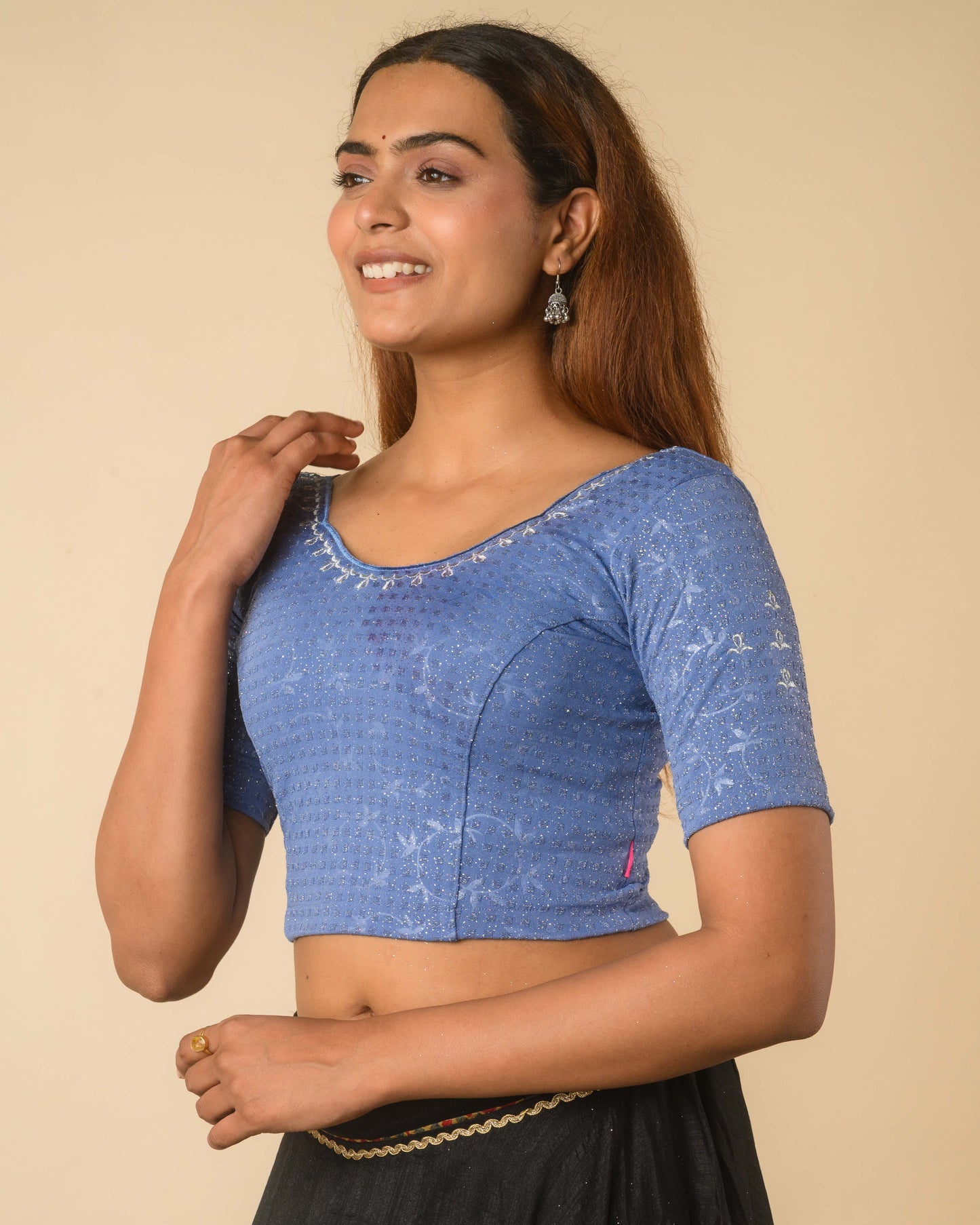 Chamkila Steel Blue Zari Embroidered Readymade Stretchable Saree Blouse Advi