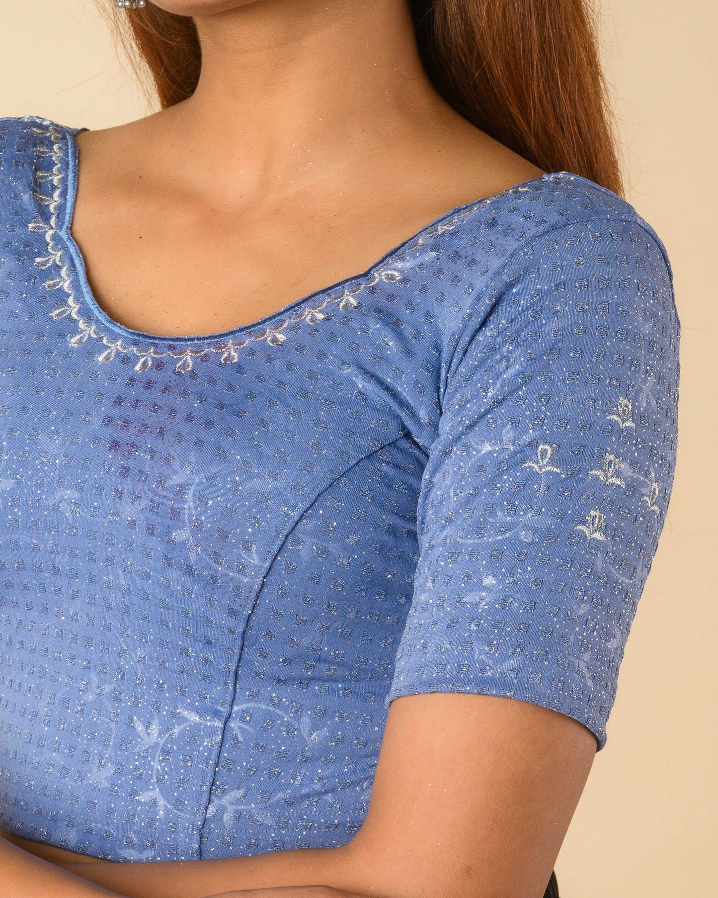Chamkila Steel Blue Zari Embroidered Readymade Stretchable Saree Blouse Advi