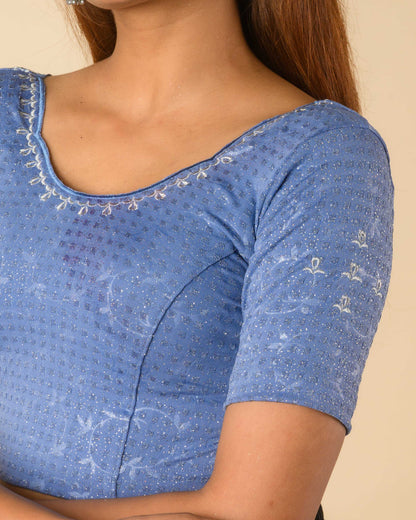 Chamkila Steel Blue Zari Embroidered Readymade Stretchable Saree Blouse Advi