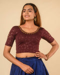 Chamkila Wine Zari Embroidered Readymade Stretchable Saree Blouse Advi