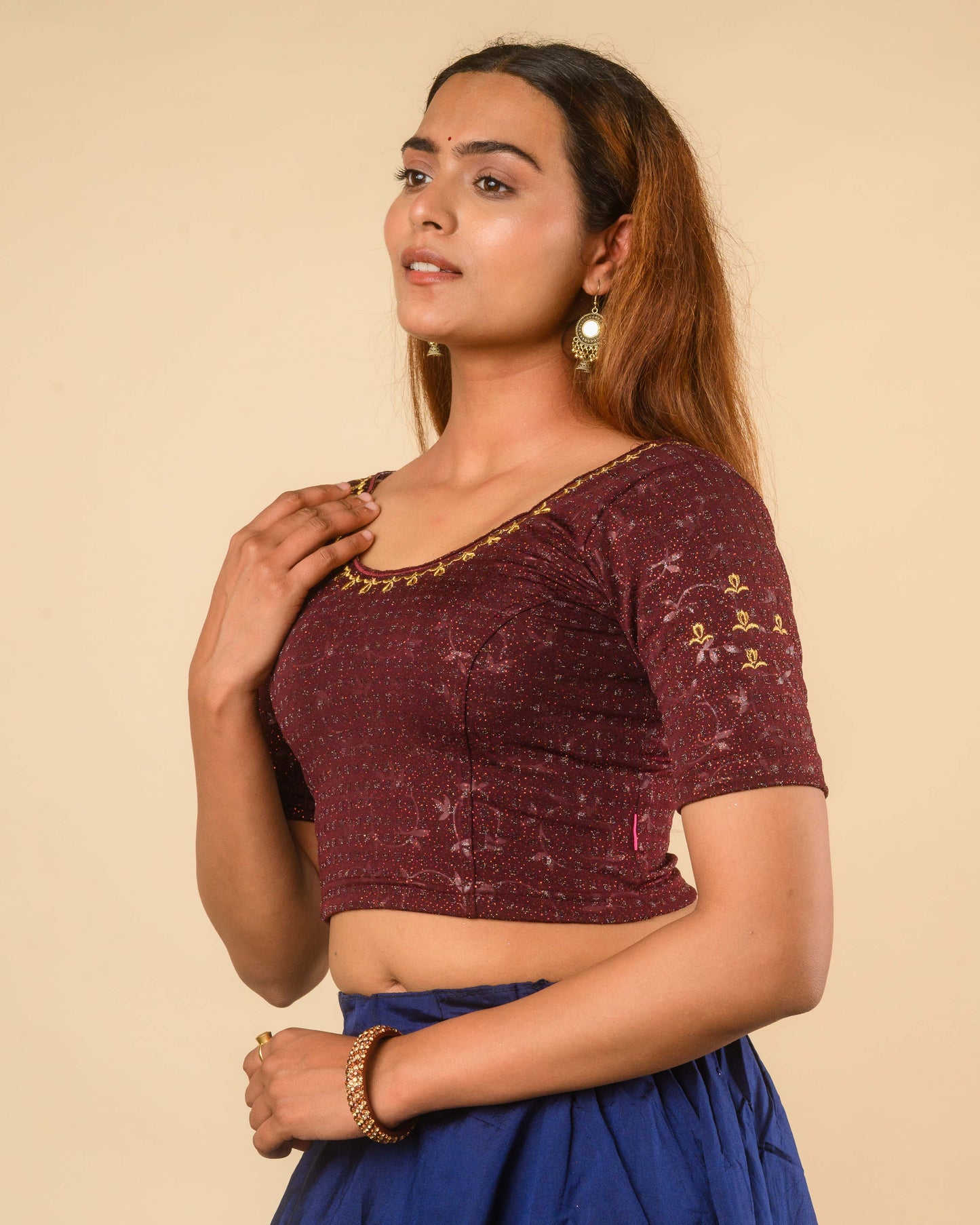Chamkila Wine Zari Embroidered Readymade Stretchable Saree Blouse Advi