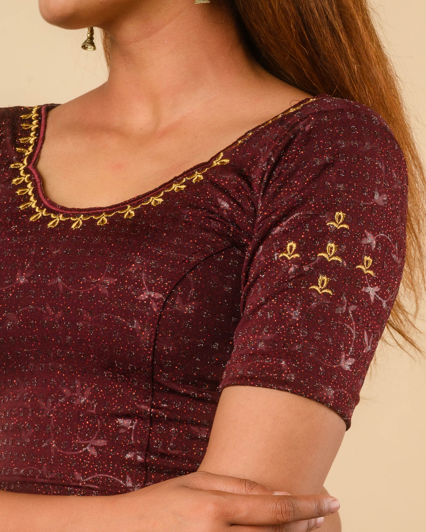 Chamkila Wine Zari Embroidered Readymade Stretchable Saree Blouse Advi