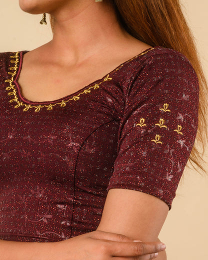Chamkila Wine Zari Embroidered Readymade Stretchable Saree Blouse Advi