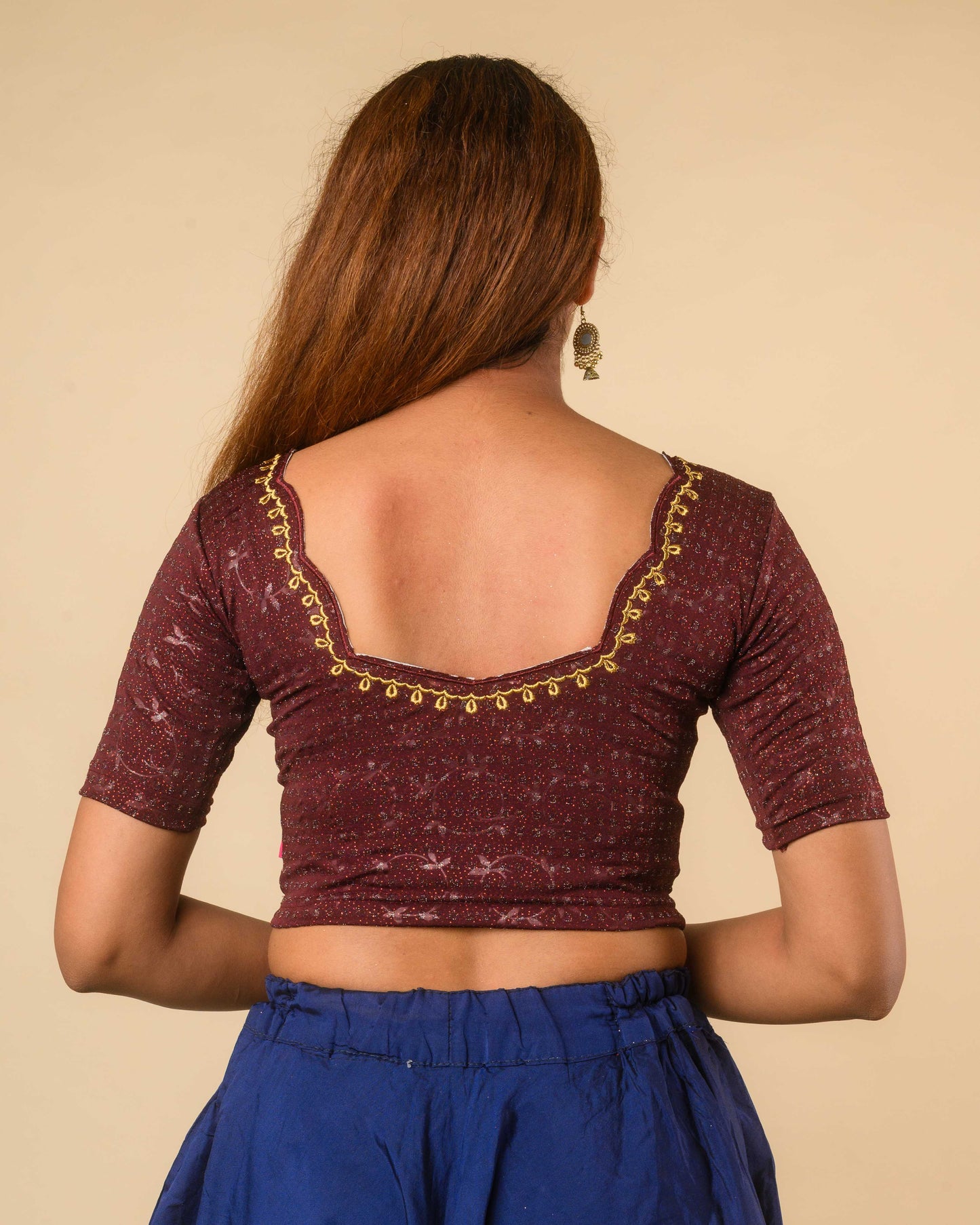 Chamkila Wine Zari Embroidered Readymade Stretchable Saree Blouse Advi