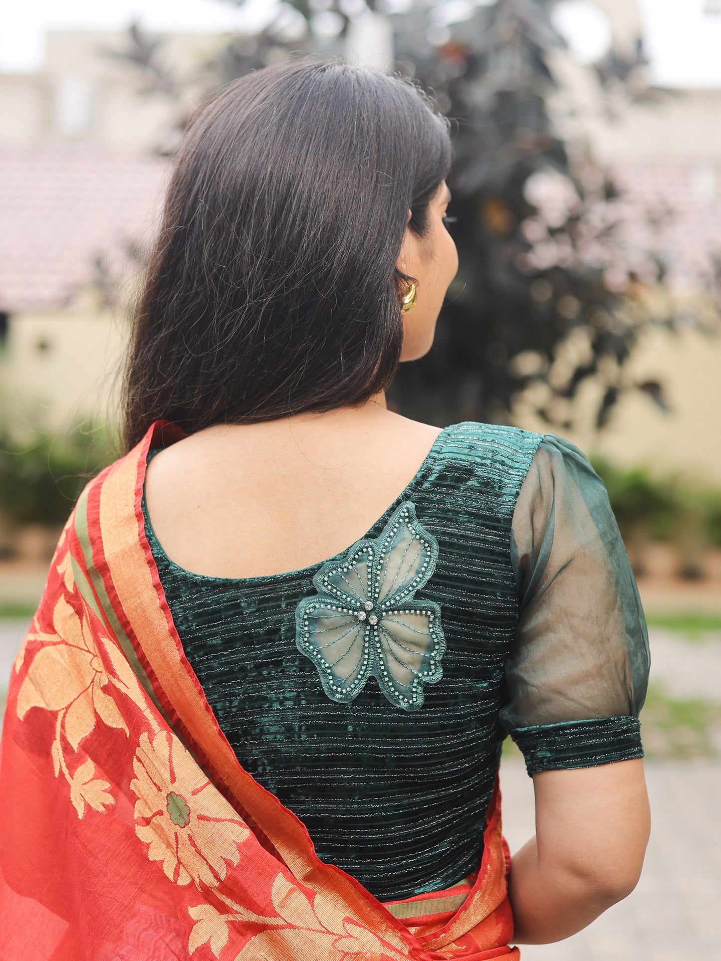 Vaayu Bottle Green Organza Puff Saree Blouse – Designer Stretchable by Advi