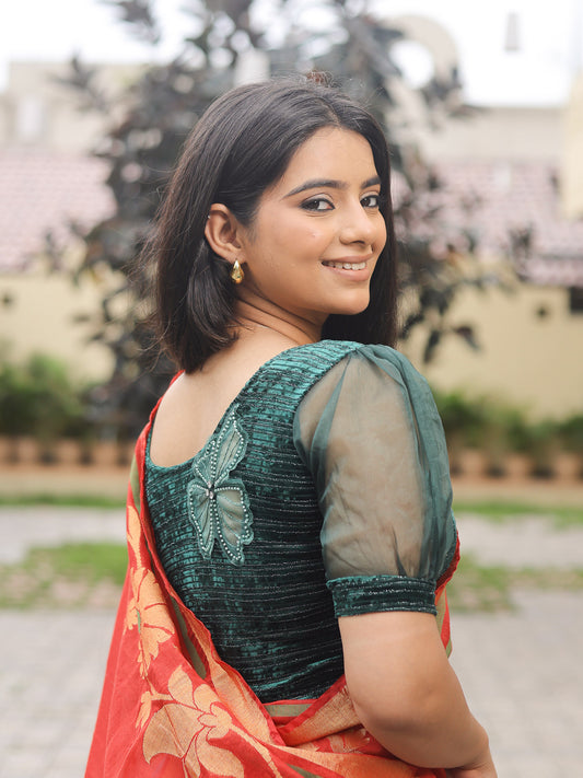 Vaayu Bottle Green Organza Puff Saree Blouse – Designer Stretchable by Advi