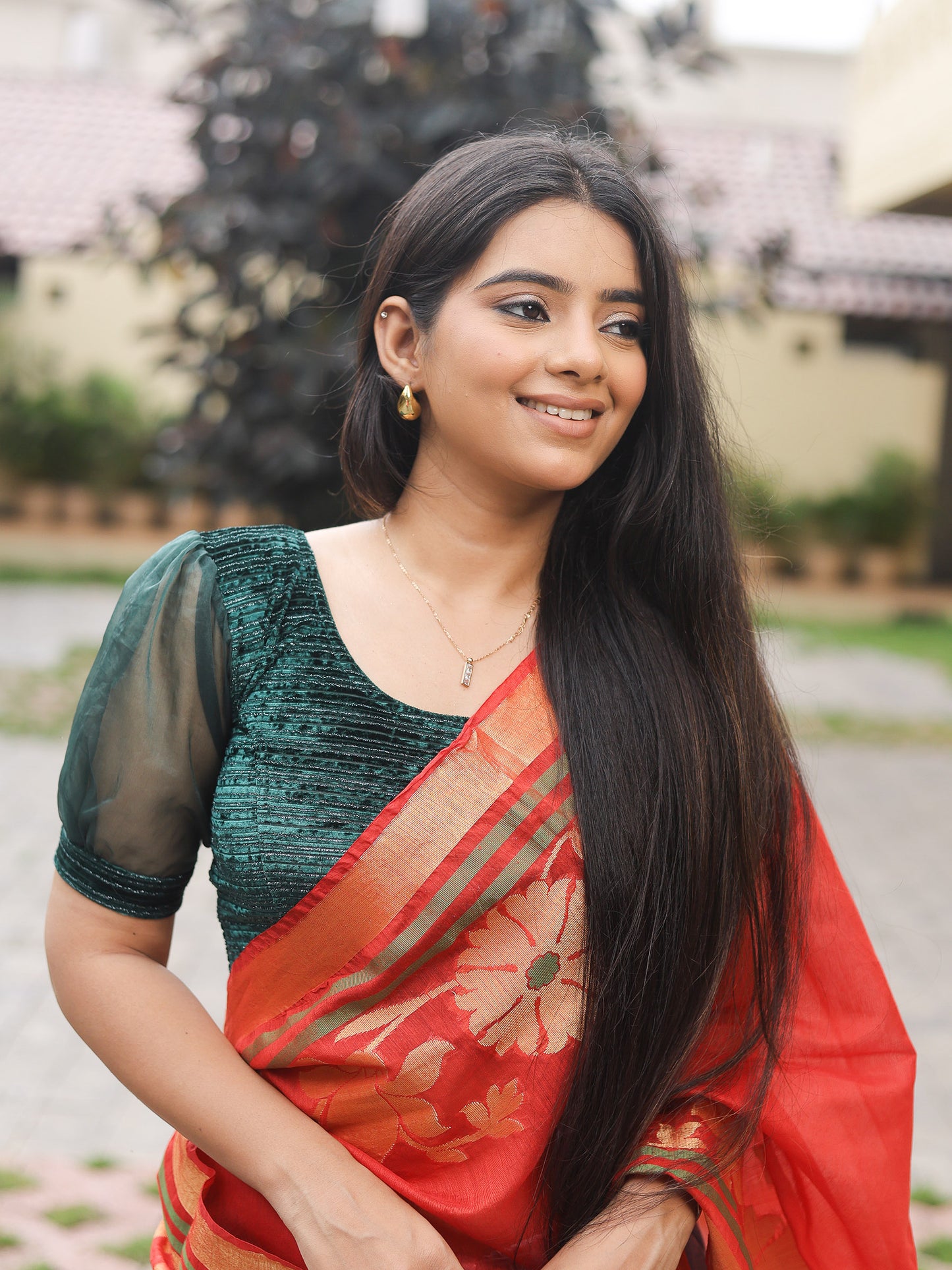 Vaayu Bottle Green Organza Puff Saree Blouse – Designer Stretchable by Advi