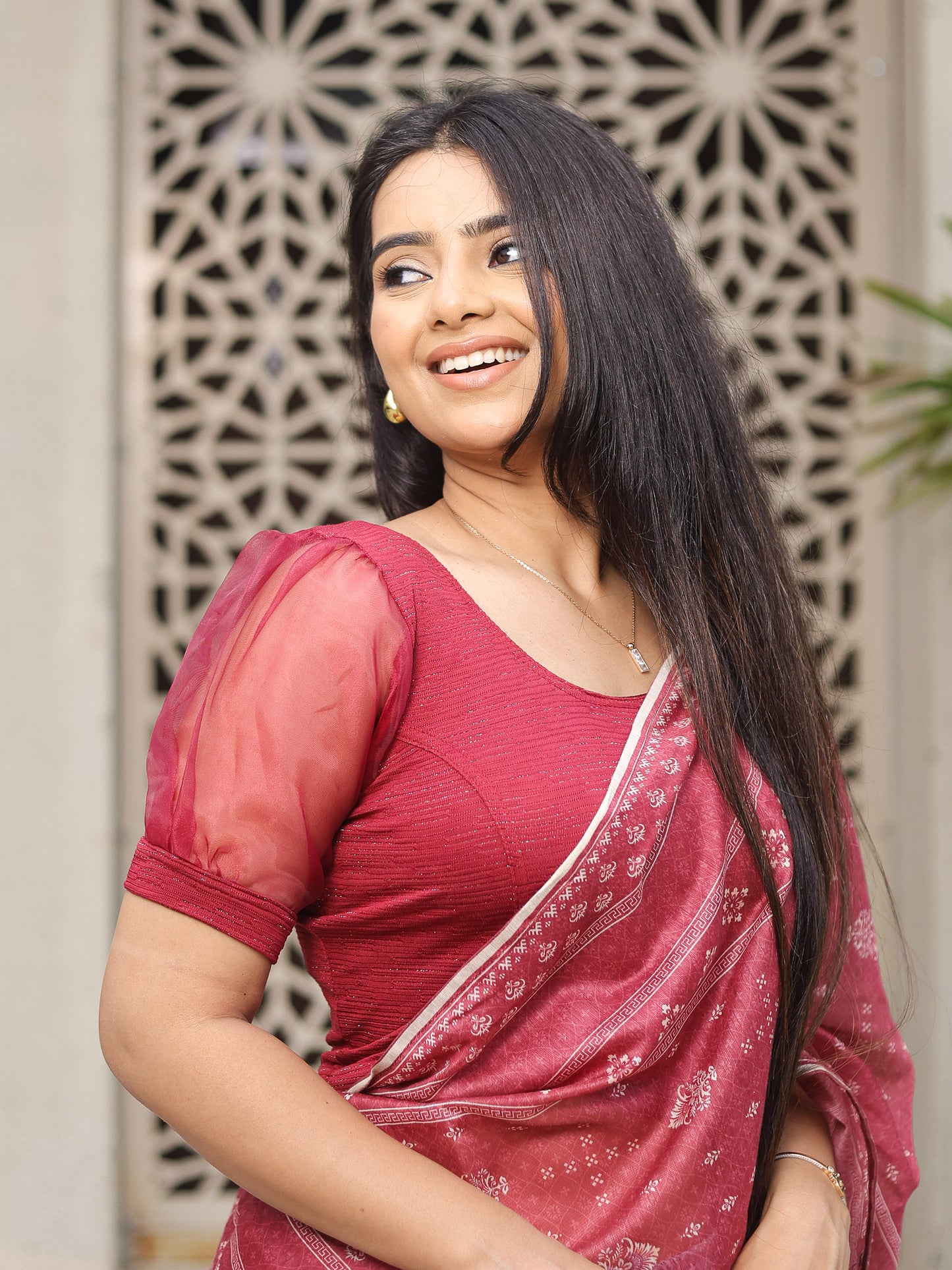 Vaayu Maroon Organza Puff Saree Blouse – Designer Stretchable by Advi