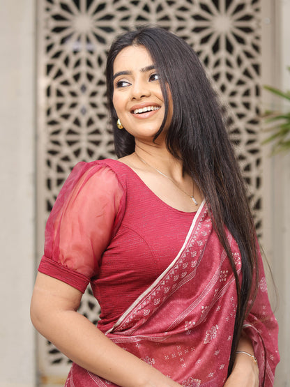 Vaayu Maroon Organza Puff Saree Blouse – Designer Stretchable by Advi