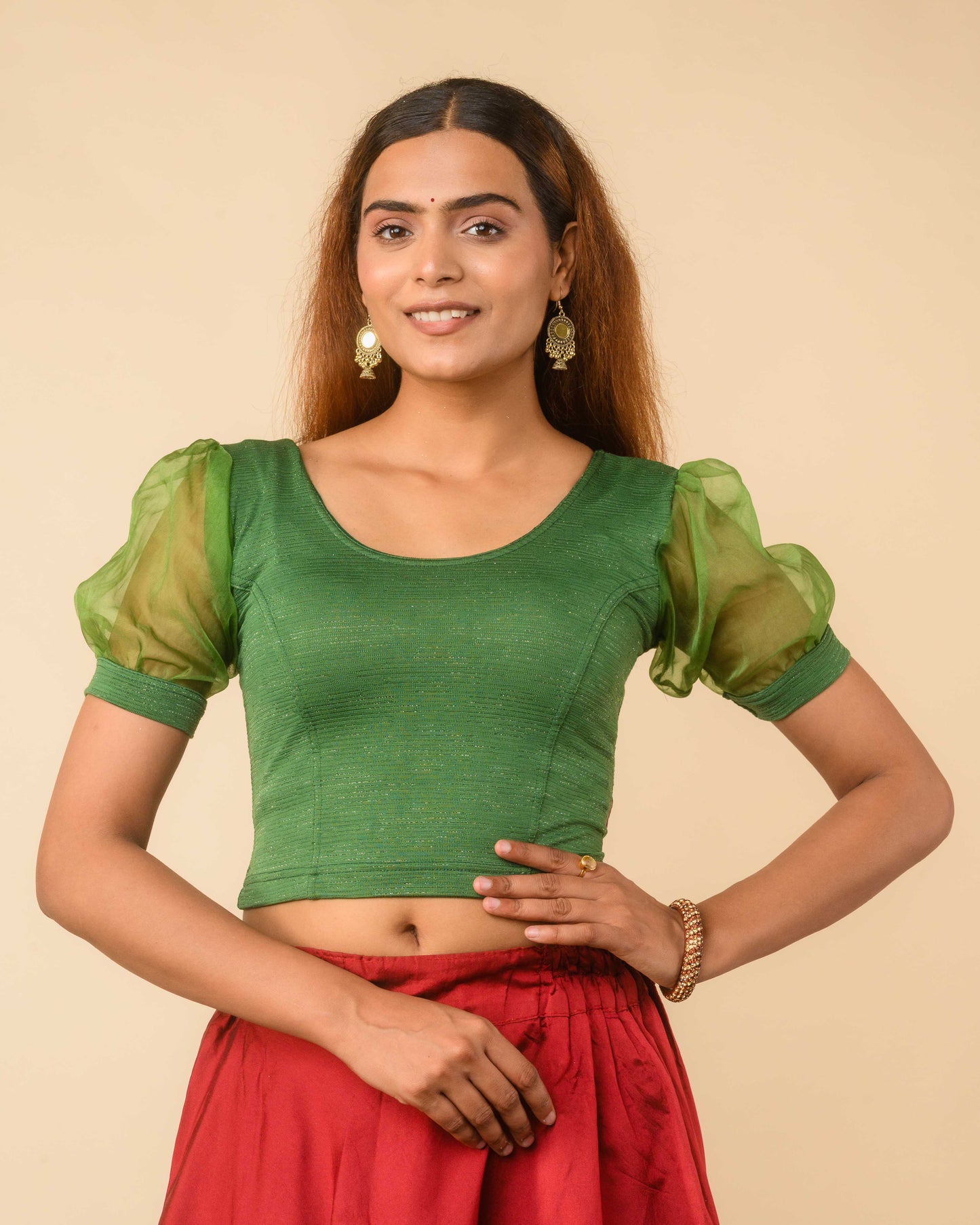 Vaayu Bottle Green Organza Puff Saree Blouse – Designer Stretchable by Advi