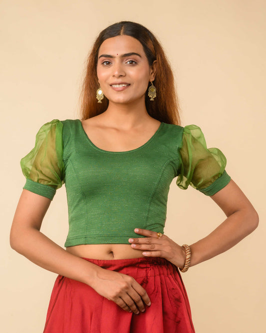 Vaayu Bottle Green Organza Puff Saree Blouse – Designer Stretchable by Advi