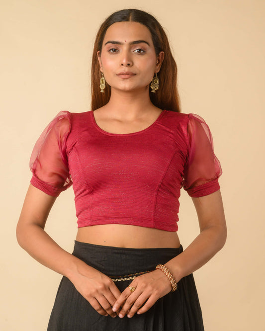 Vaayu Maroon Organza Puff Saree Blouse – Designer Stretchable by Advi
