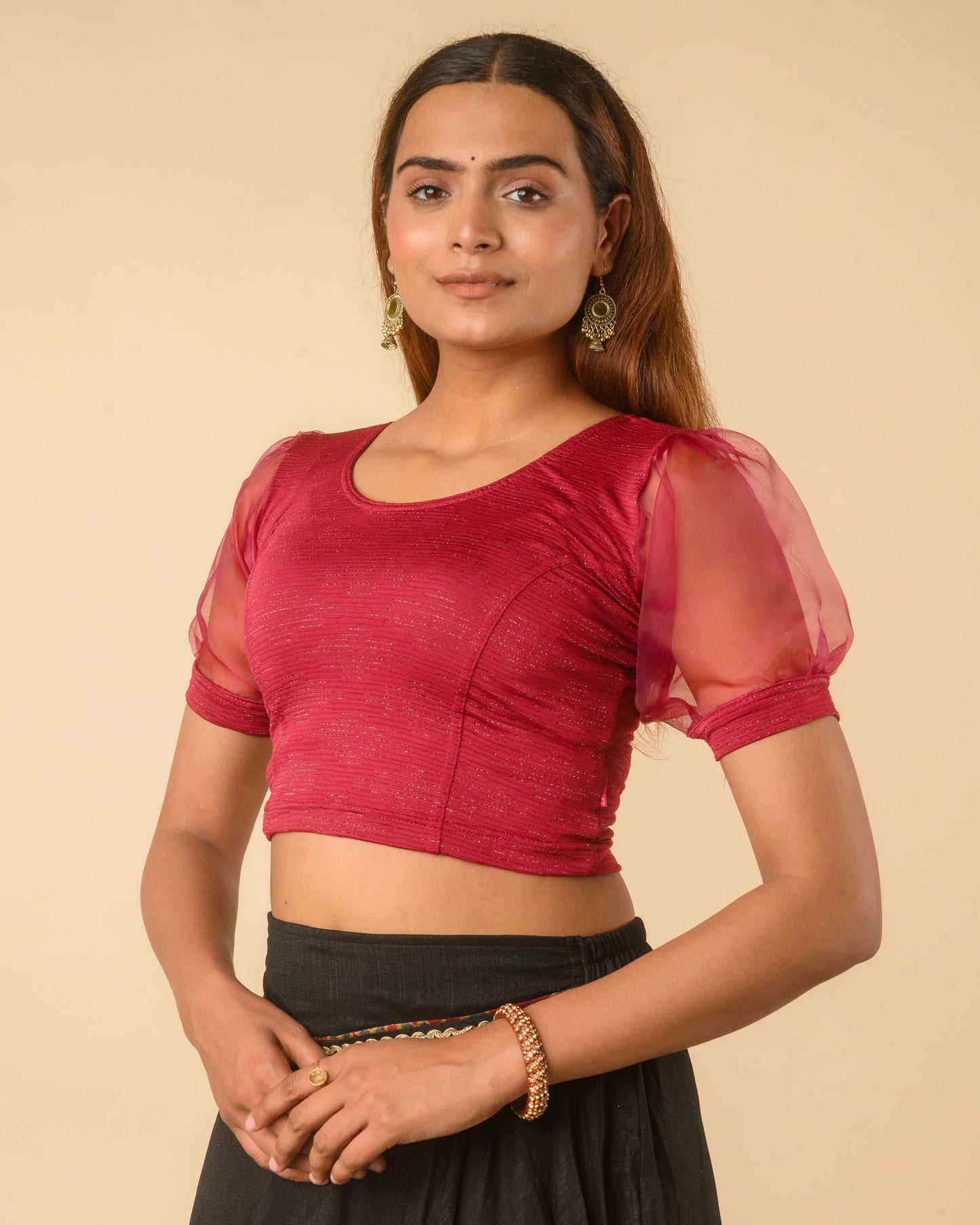 Vaayu Maroon Organza Puff Saree Blouse – Designer Stretchable by Advi