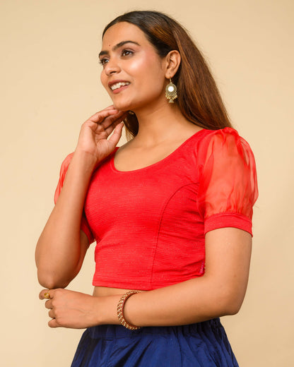 Vaayu Red Organza Puff Saree Blouse – Designer Stretchable by Advi