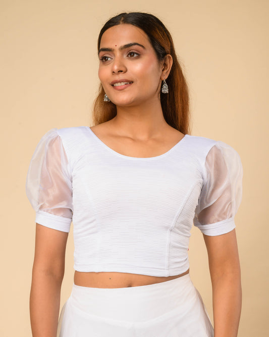 Vaayu White Organza Puff Saree Blouse – Designer Stretchable by Advi