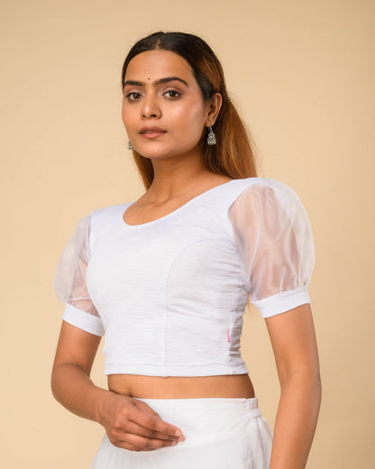 Vaayu White Organza Puff Saree Blouse – Designer Stretchable by Advi