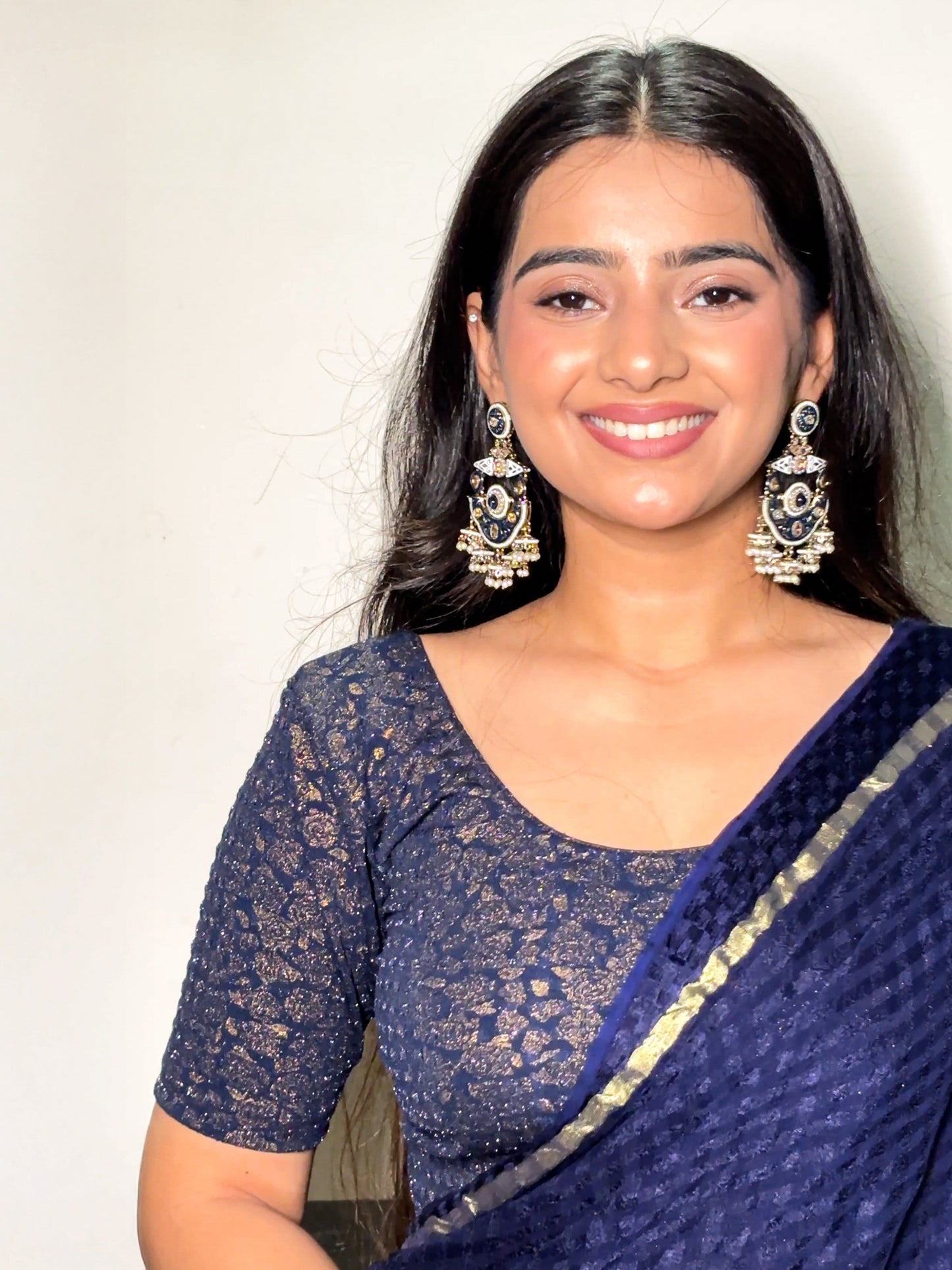 Rutvi Navy Blue Metallic Zari Readymade Stretchable Saree Blouse Advi