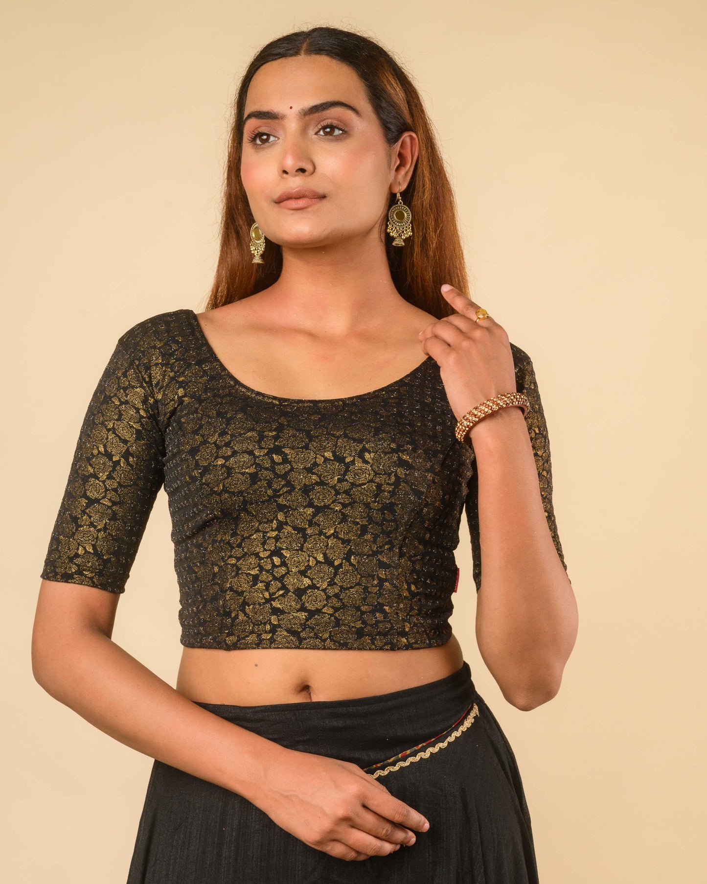 Rutvi Black Metallic Zari Readymade Stretchable Saree Blouse Advi