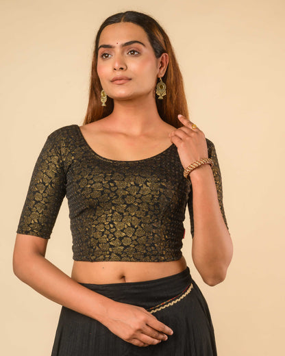 Rutvi Black Metallic Zari Readymade Stretchable Saree Blouse Advi