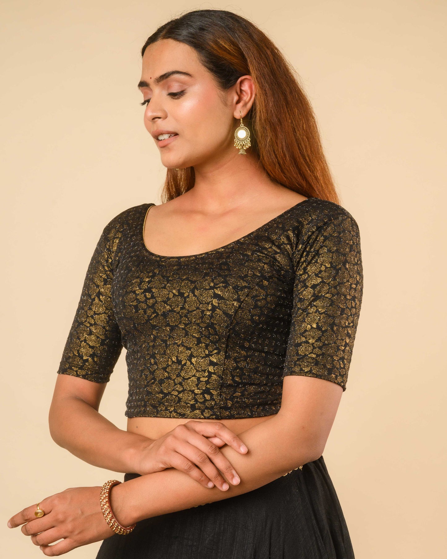 Rutvi Black Metallic Zari Readymade Stretchable Saree Blouse Advi