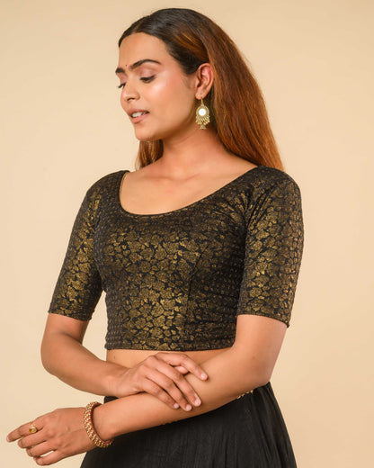 Rutvi Black Metallic Zari Readymade Stretchable Saree Blouse Advi