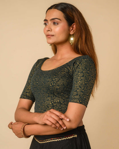 Rutvi Green Metallic Zari Readymade Stretchable Saree Blouse Advi