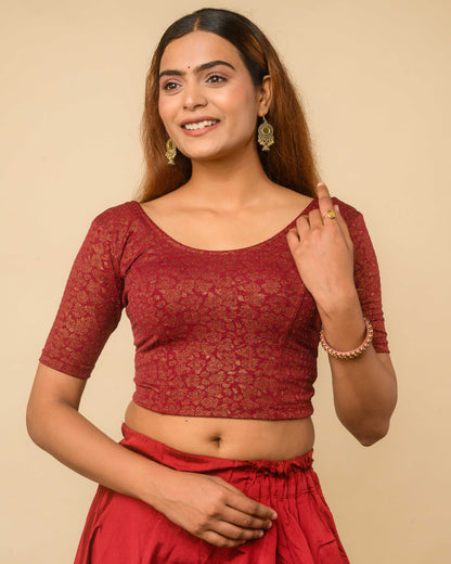 Rutvi Maroon Metallic Zari Readymade Stretchable Saree Blouse Advi