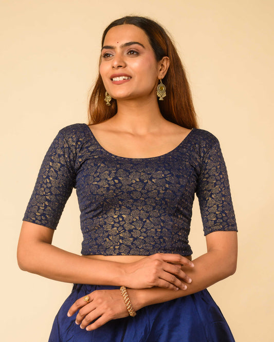 Rutvi Navy Blue Metallic Zari Readymade Stretchable Saree Blouse Advi