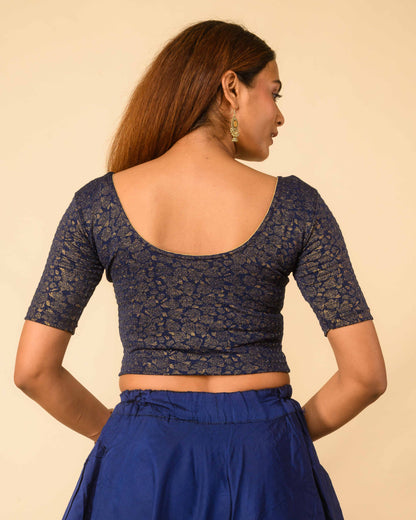 Rutvi Navy Blue Metallic Zari Readymade Stretchable Saree Blouse Advi