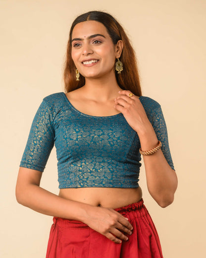 Rutvi Rama Green Metallic Zari Readymade Stretchable Saree Blouse Advi