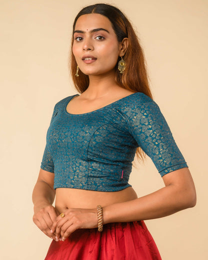 Rutvi Rama Green Metallic Zari Readymade Stretchable Saree Blouse Advi