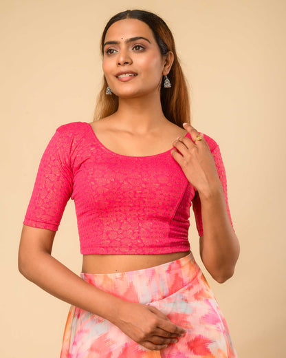 Rutvi Rani Pink Metallic Zari Readymade Stretchable Saree Blouse Advi