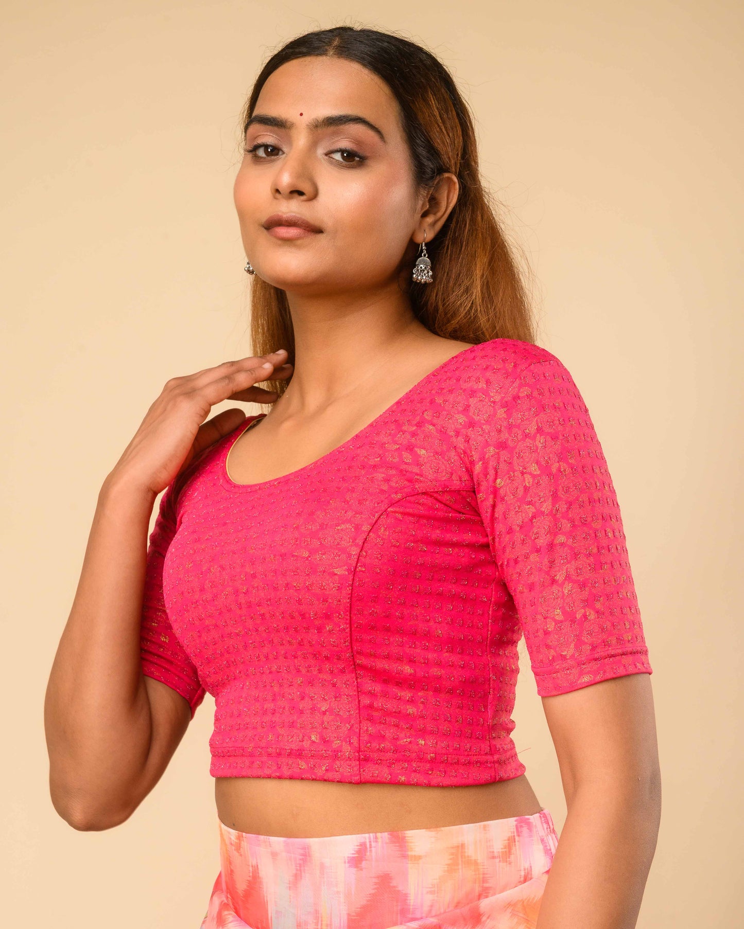 Rutvi Rani Pink Metallic Zari Readymade Stretchable Saree Blouse Advi