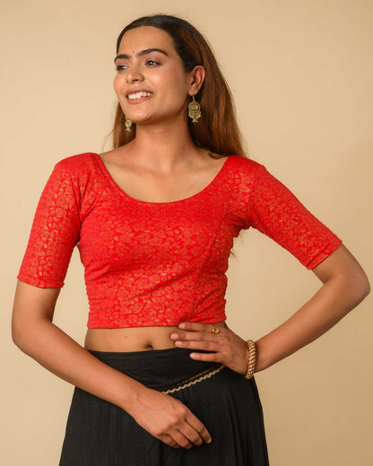 Rutvi Red Metallic Zari Readymade Stretchable Saree Blouse Advi