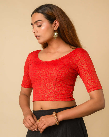 Rutvi Red Metallic Zari Readymade Stretchable Saree Blouse Advi