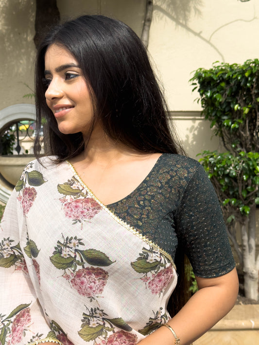 Rutvi Green Metallic Zari Readymade Stretchable Saree Blouse Advi
