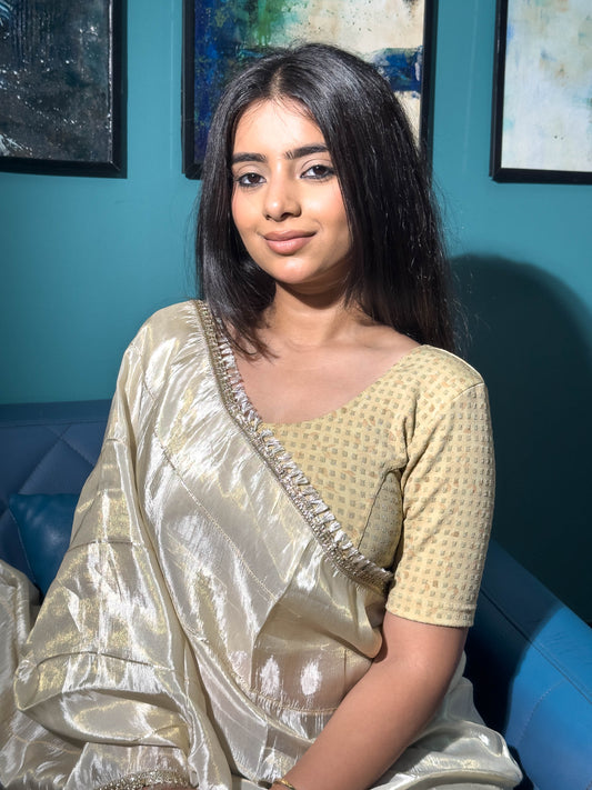 Rutvi Cream Metallic Zari Readymade Stretchable Saree Blouse Advi