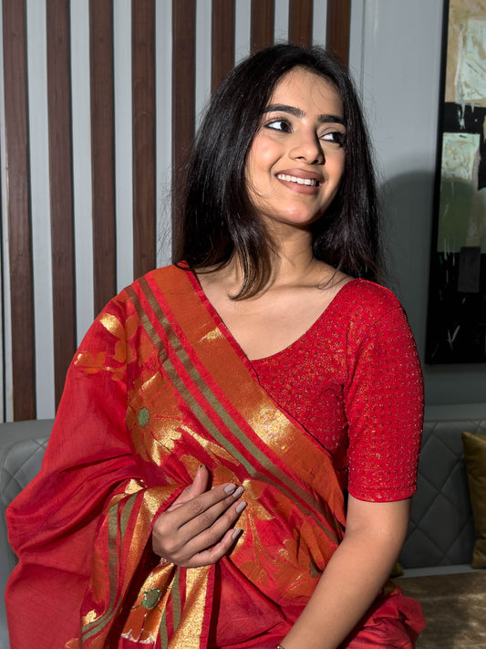 Rutvi Red Metallic Zari Readymade Stretchable Saree Blouse Advi