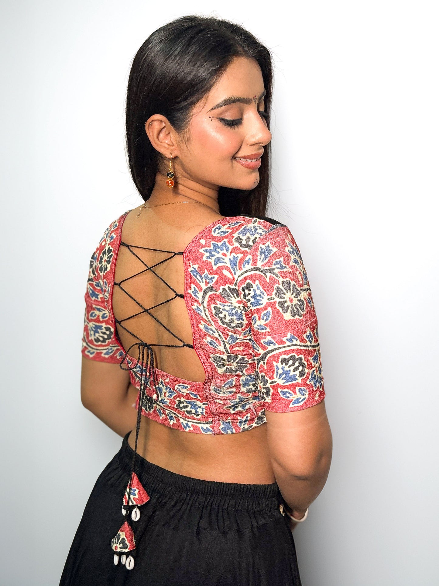 Durga Black Navratri Ajrakh Mirrorwork and Cowri Latkan Stretchable Readymade Blouse