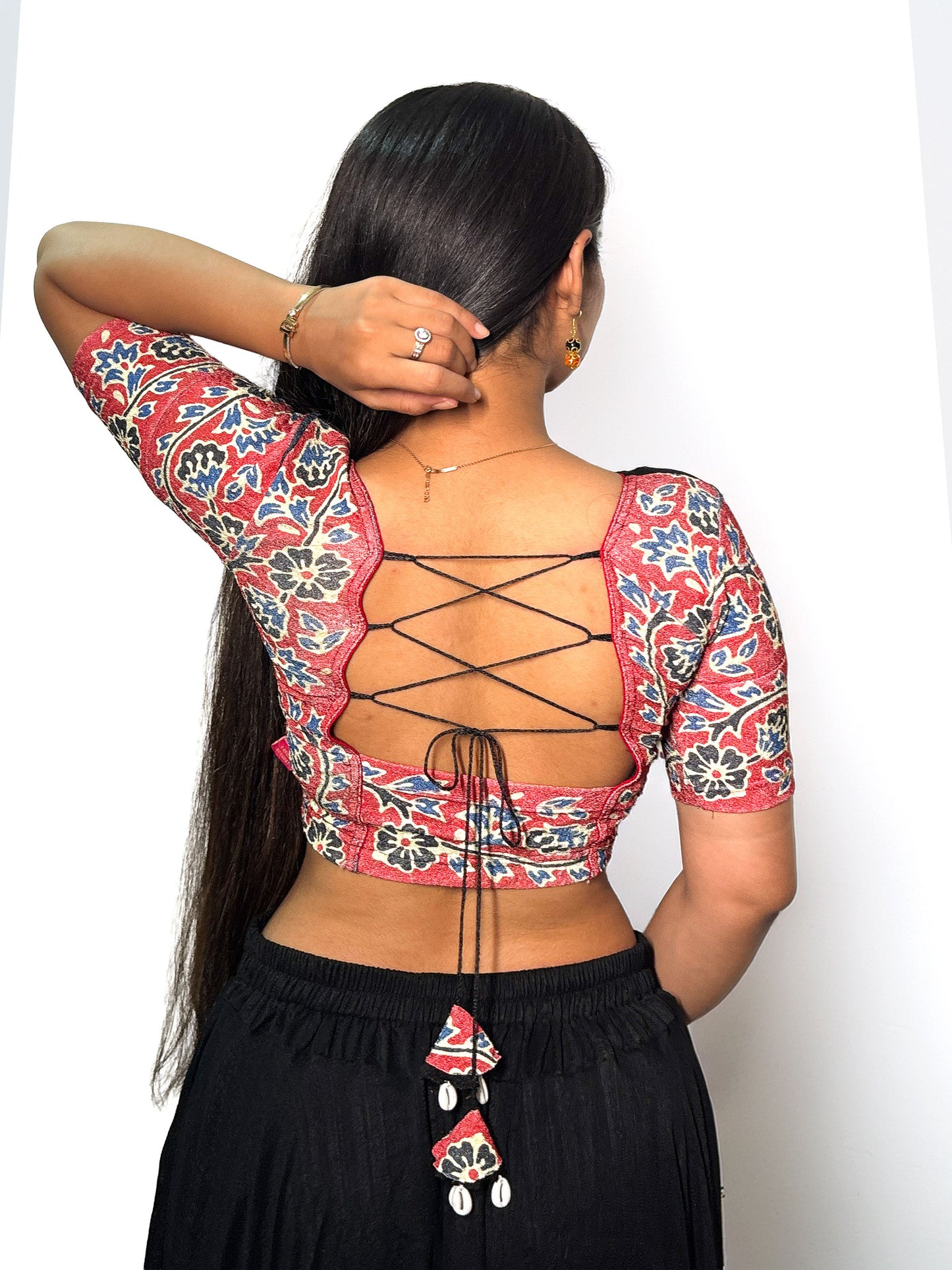 Durga Black Navratri Ajrakh Mirrorwork and Cowri Latkan Stretchable Readymade Blouse