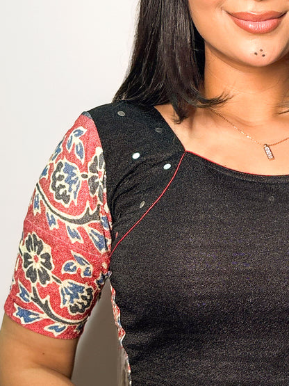 Durga Black Navratri Ajrakh Mirrorwork and Cowri Latkan Stretchable Readymade Blouse