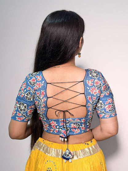 Durga Navy Navratri Ajrakh Mirrorwork and Cowri Latkan Stretchable Readymade Blouse