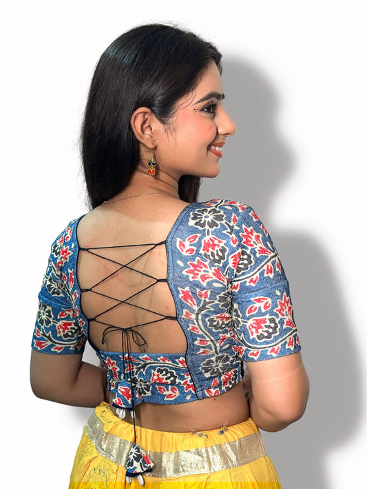 Durga Navy Navratri Ajrakh Mirrorwork and Cowri Latkan Stretchable Readymade Blouse