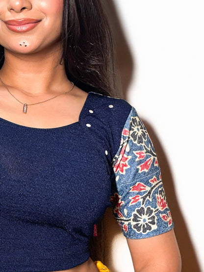 Durga Navy Navratri Ajrakh Mirrorwork and Cowri Latkan Stretchable Readymade Blouse